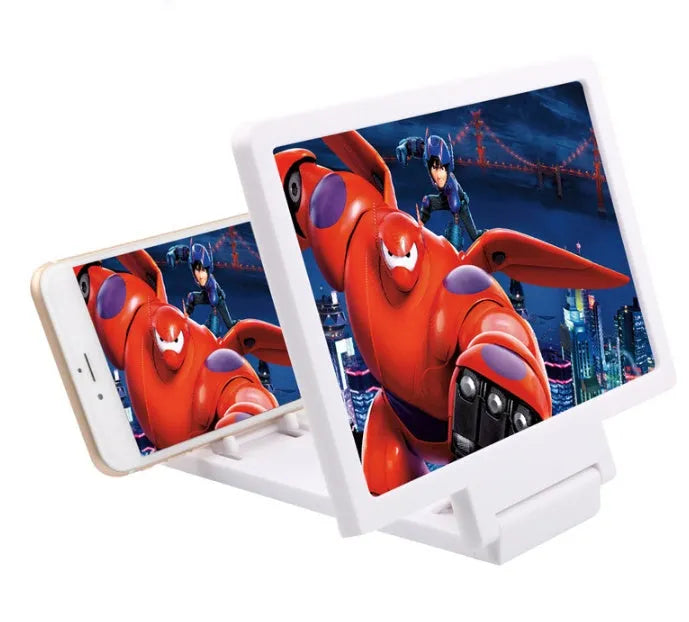 Black 3D mobile phone screen amplifier and collapsible stand showing a phone placed inside for hands-free viewing.
