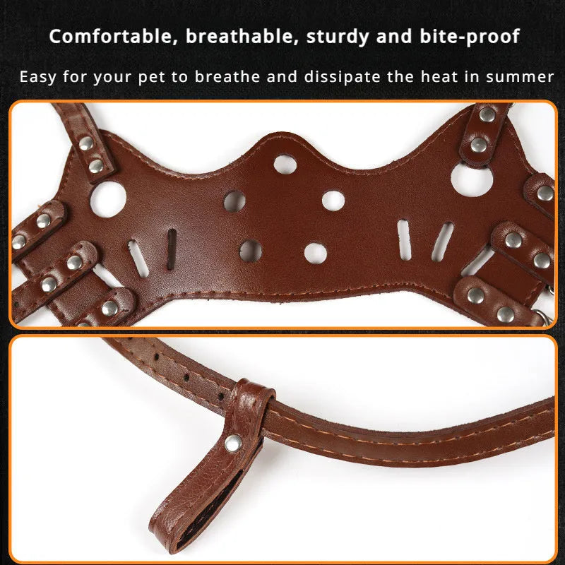 Black or brown dog muzzle silencer for anti-barking and bite prevention with size chart