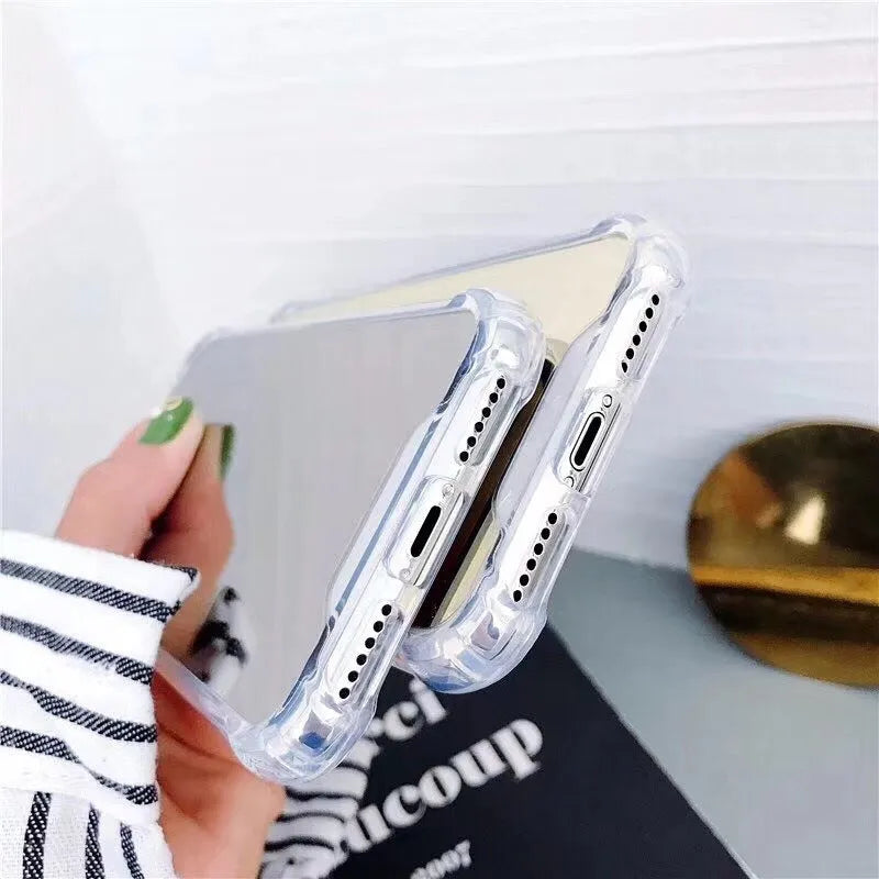Mirror finish iPhone case in assorted colours showing reflective back and TPU soft edges.