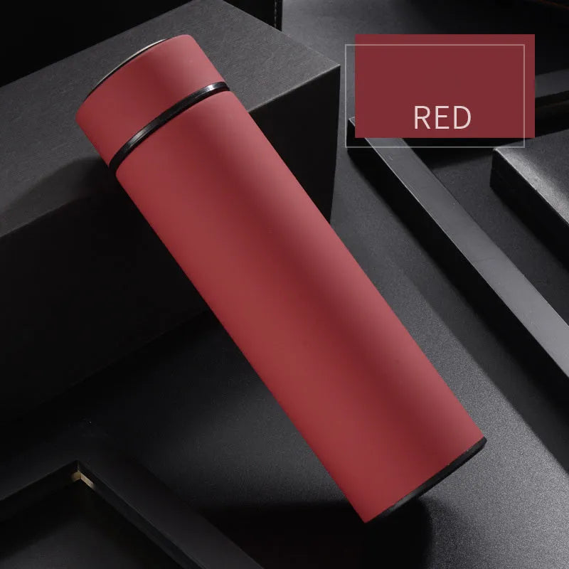450ml stainless steel vacuum insulated water bottle in black, red, gold, and blue colours