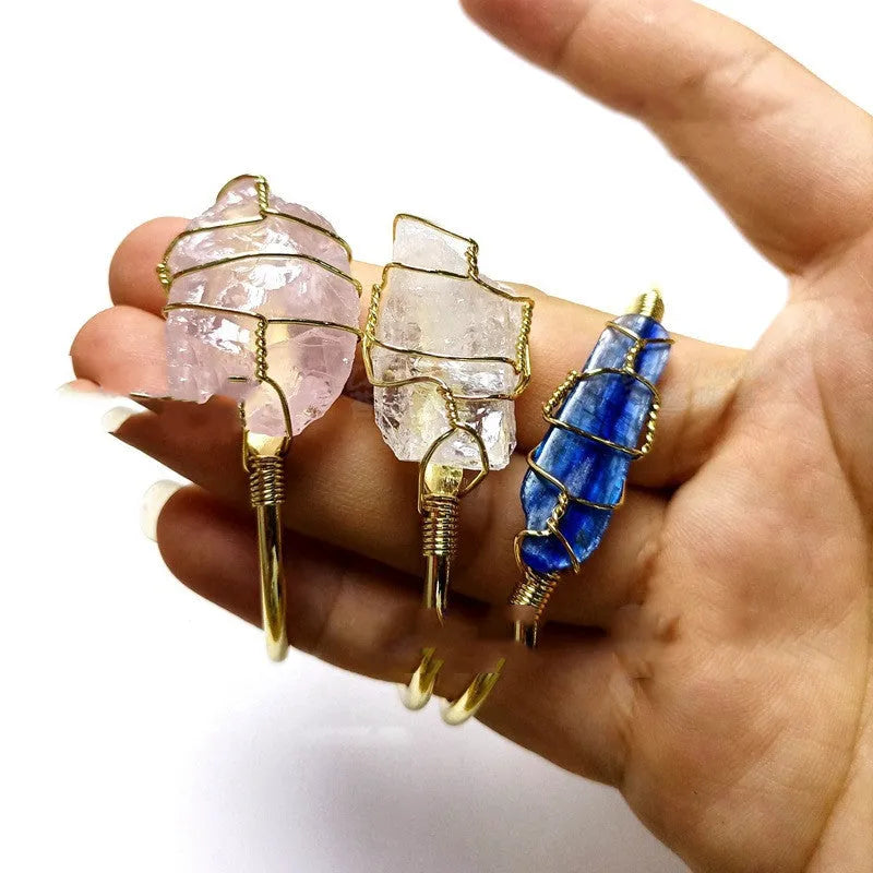 Natural crystal rough stone bracelet with gold winding geometric design and colour mixing variation