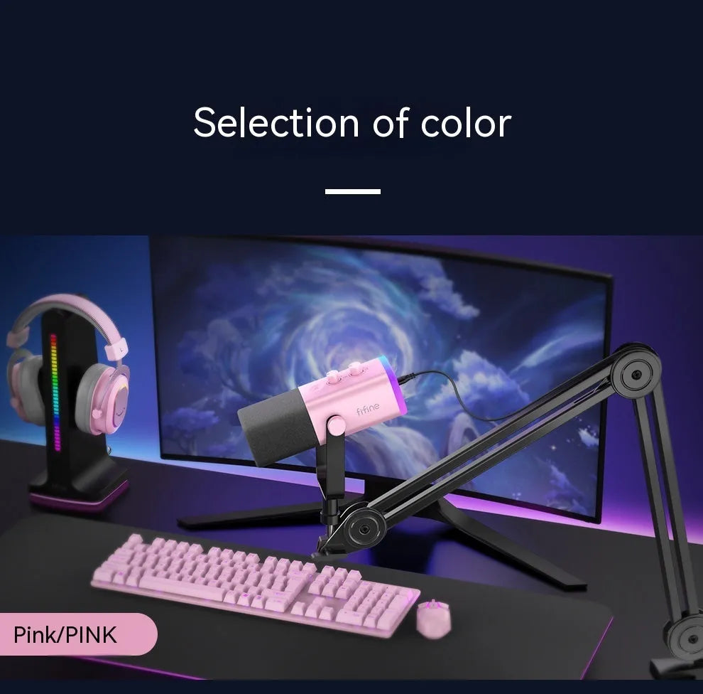 Dynamic noise reduction microphone in black, pink, or white with XLR and USB cables on a desk.