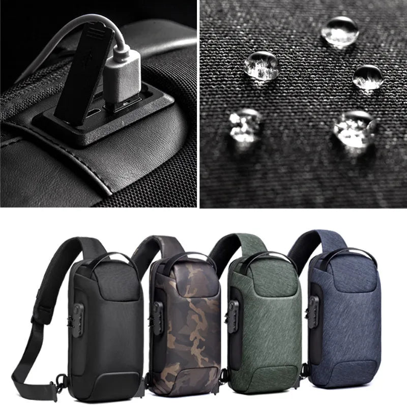 Men's anti-theft chest bag in Oxford cloth with combination lock and USB charging port, medium size, black colour