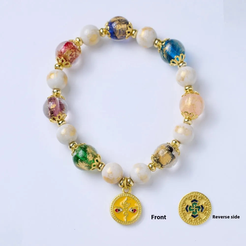 Handmade fragrant gray porcelain glaze bracelet with Five Gods of Wealth motif and geometric 10mm glass beads