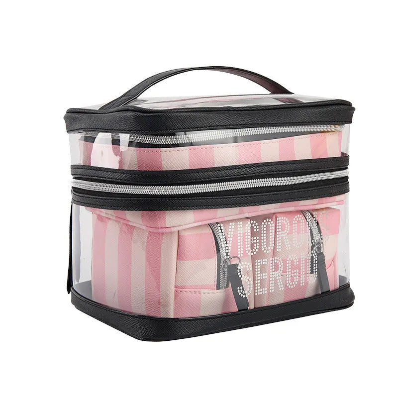 Pink bold stripe floral pattern waterproof synthetic leather makeup kit bag with folding design