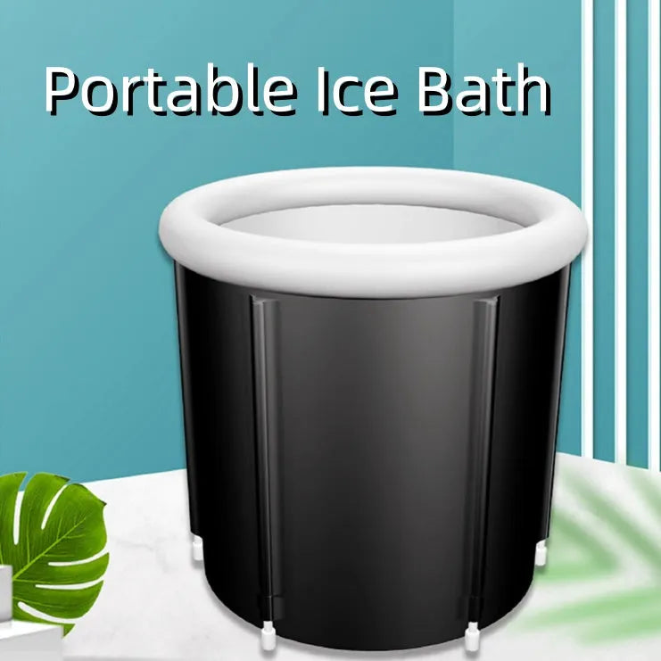 Black portable PVC ice bath with all-weather lid and included air pump accessories
