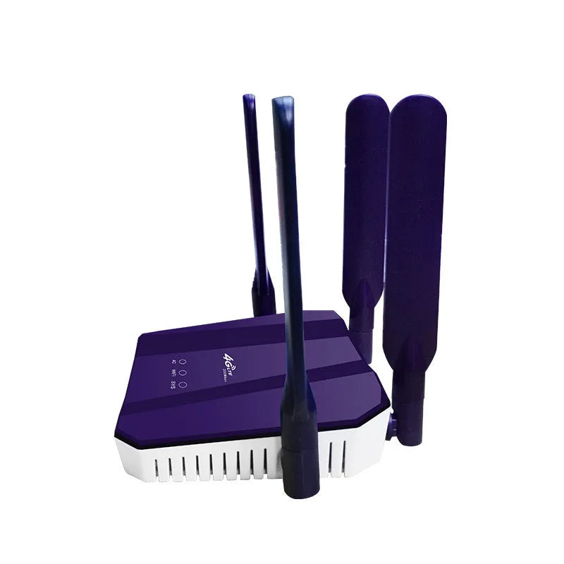 Blue 4G dual mode router with four external antennas showing dimensions 153x137x21mm