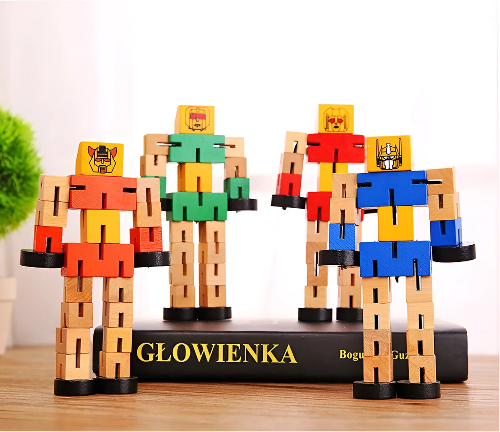 Wooden robot 3D puzzle pieces in blue, green, orange red, and red colours on a table