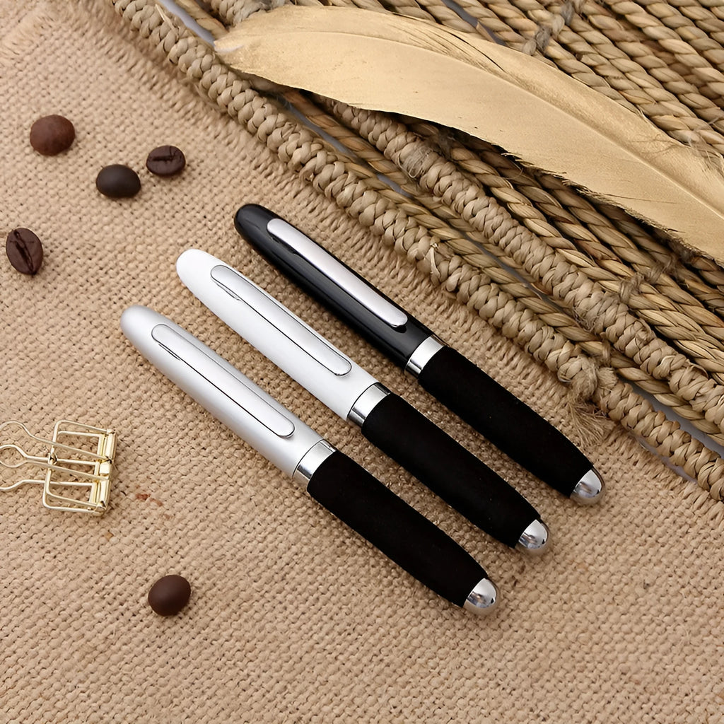 EVA metal cap mini ballpoint pen showing 112mm length, metal construction, and seven colour options