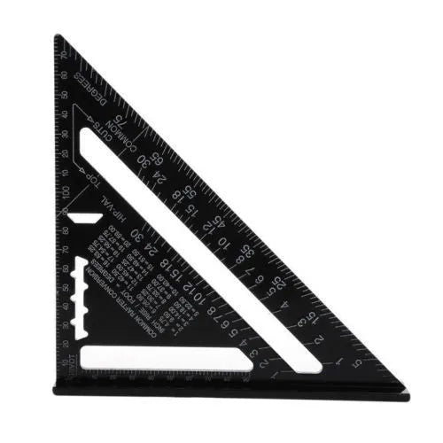 Black aluminium triangle ruler square showing 90 and 45 degree angles with measurement scales