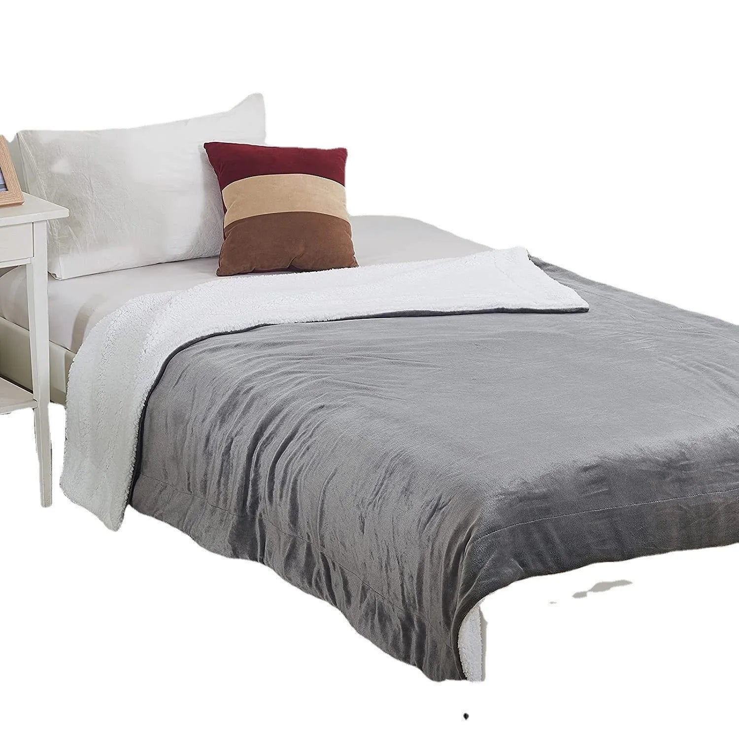 USB electric heating blanket in grey and white flannel fabric, showing intelligent temperature controls.