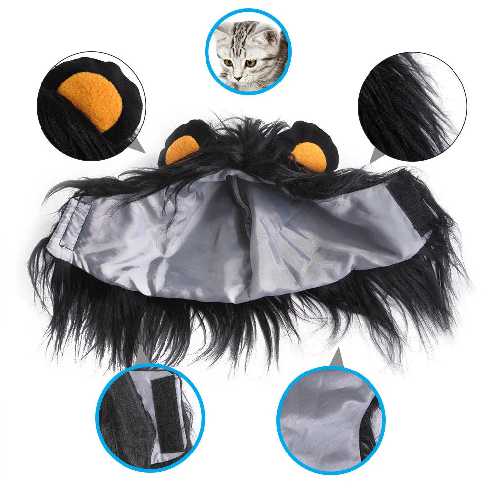 Black lion mane wig hat accessory on a cat's head with adjustable elastic strap