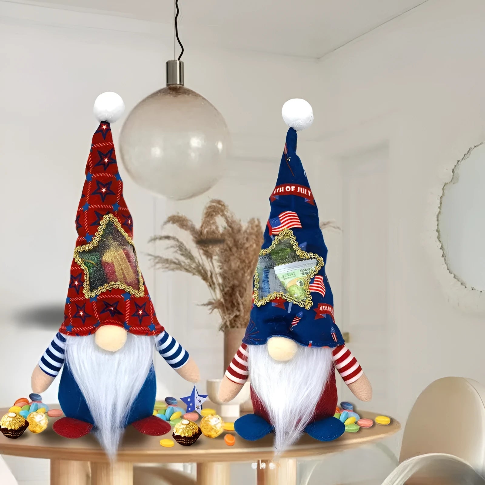 Two faceless Rudolf-themed baby doll candy bag Christmas ornaments in cloth measuring 32 by 12 centimetres