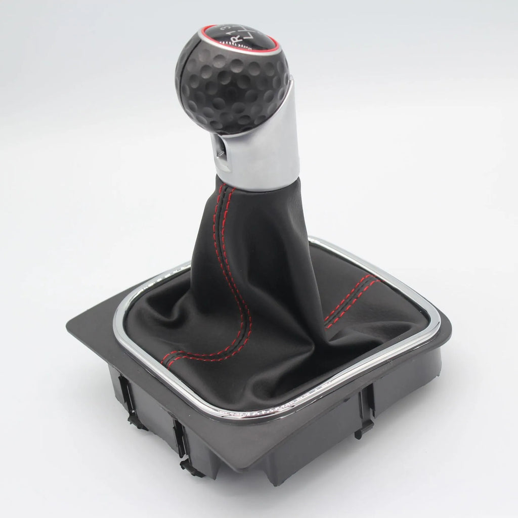 Leather gear shift knob with attached dust boot for Volkswagen Golf manual transmission.