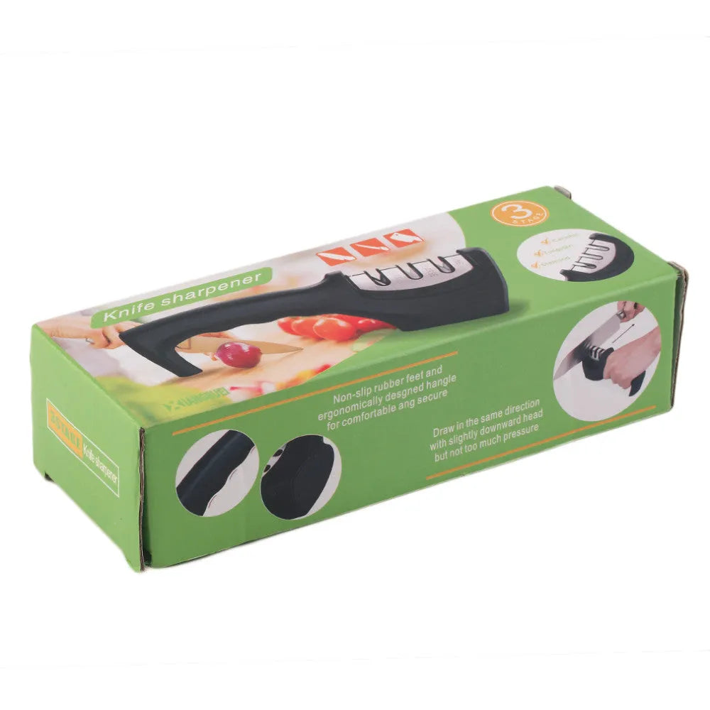 Professional three-stage manual knife sharpener in black with anti-slip rubber feet
