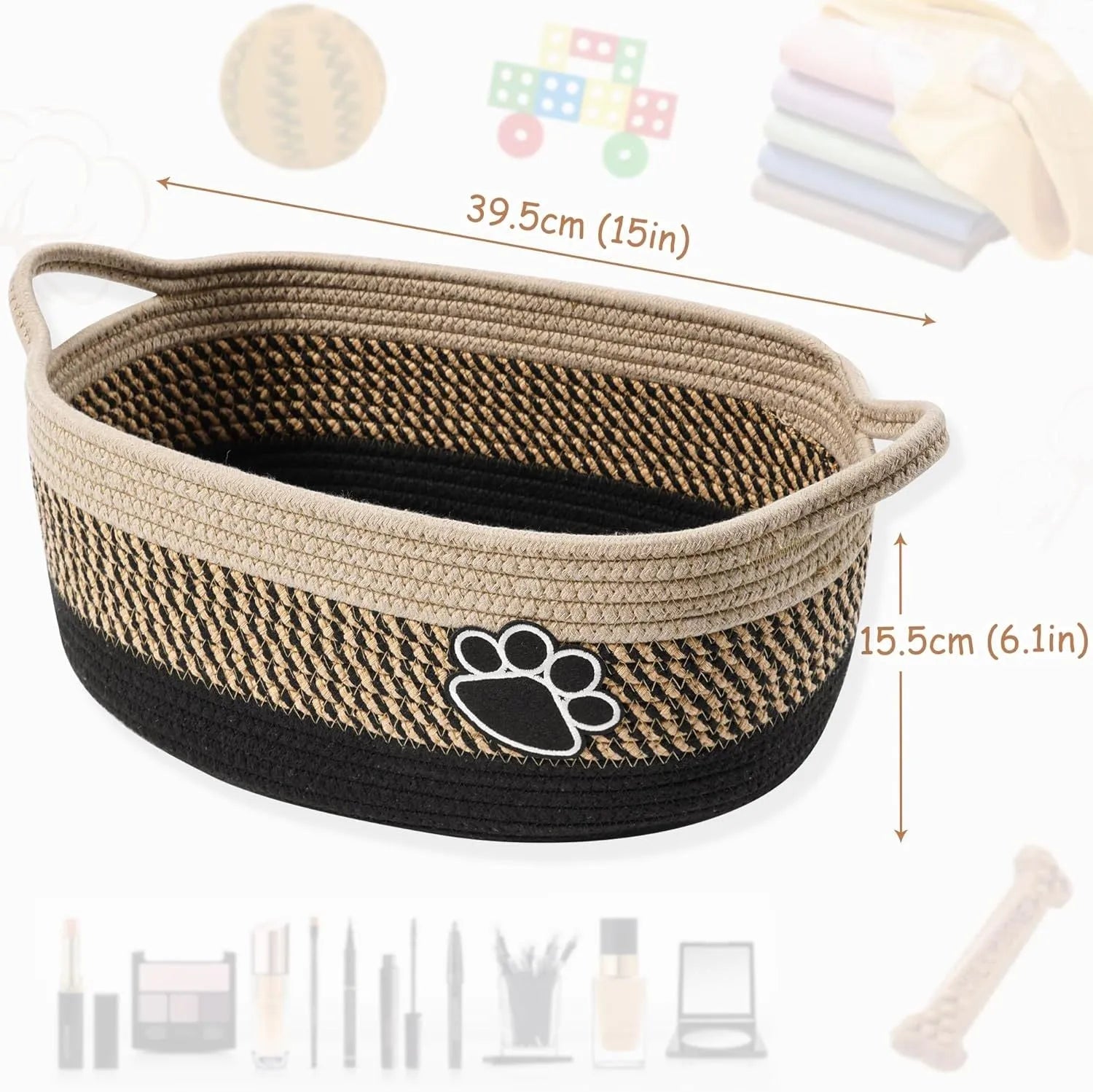 Small light beige woven cotton rope storage basket with a handle on a wooden surface