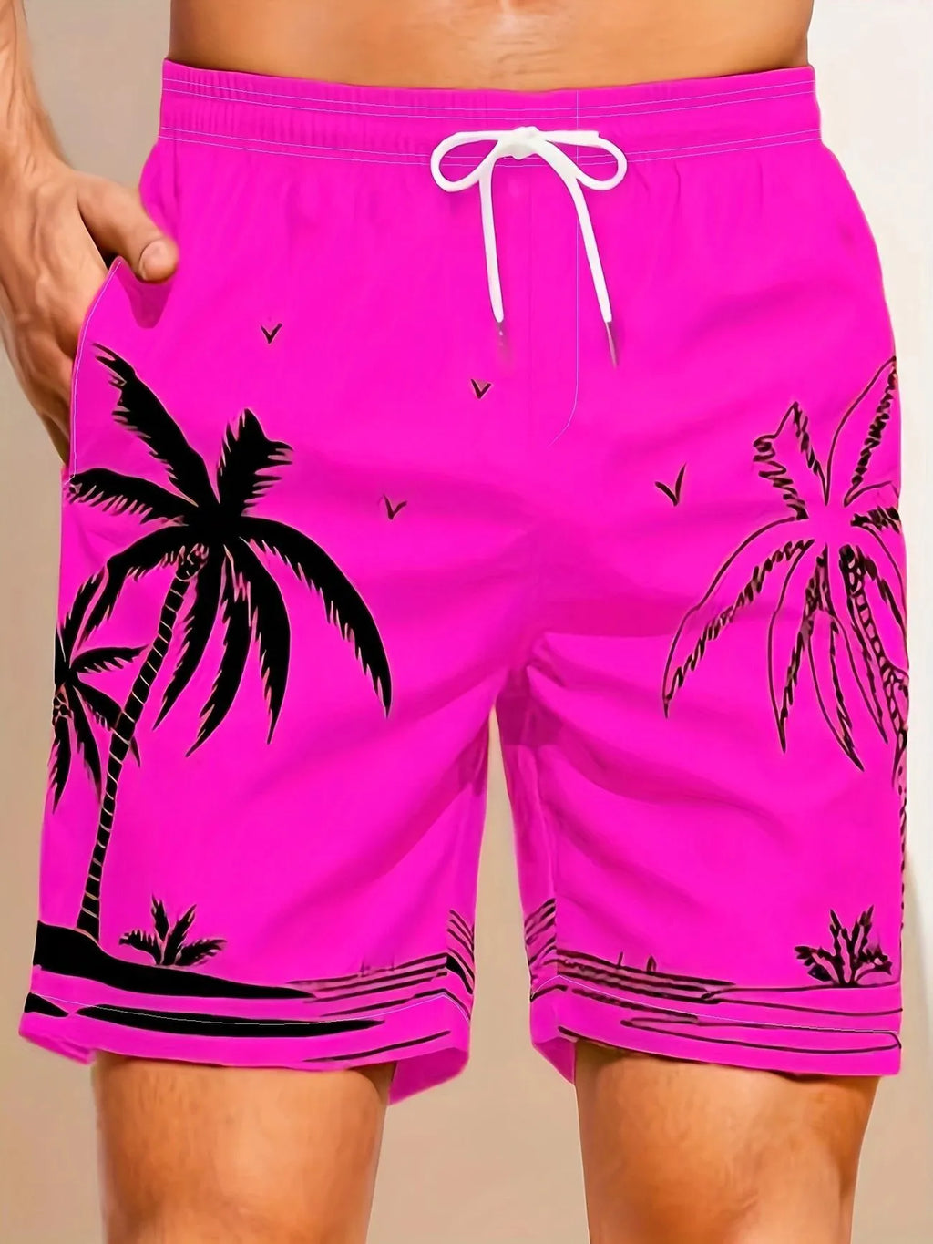 Men's micro-elastic quick-dry swimming trunks in polyester fabric showing size and colour options