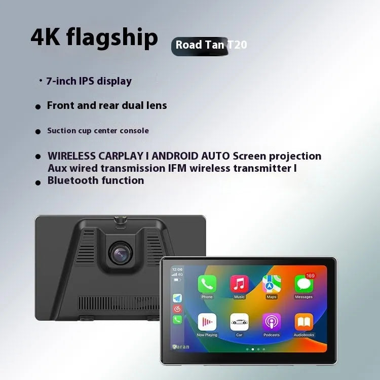 Black 7-inch wireless CarPlay projection car dashcam on a windscreen