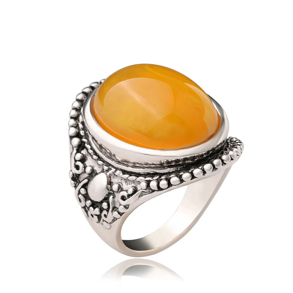 Fluorescent beeswax centrepiece geometric alloy ring with antique silver electroplated retro finish