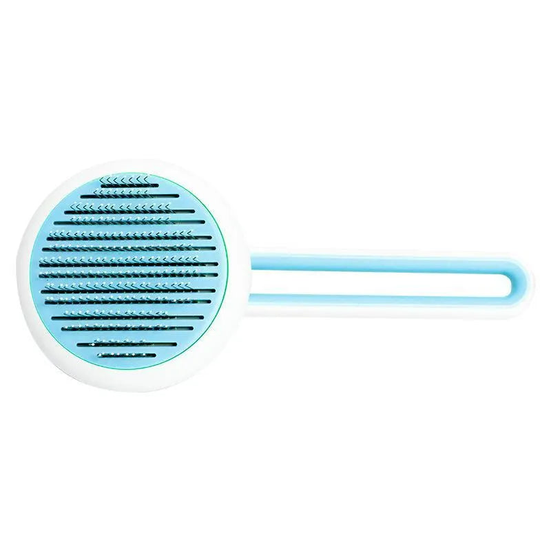 Automatic pet grooming comb with stainless steel teeth, ABS handle, and button release in blue, green, or pink colours