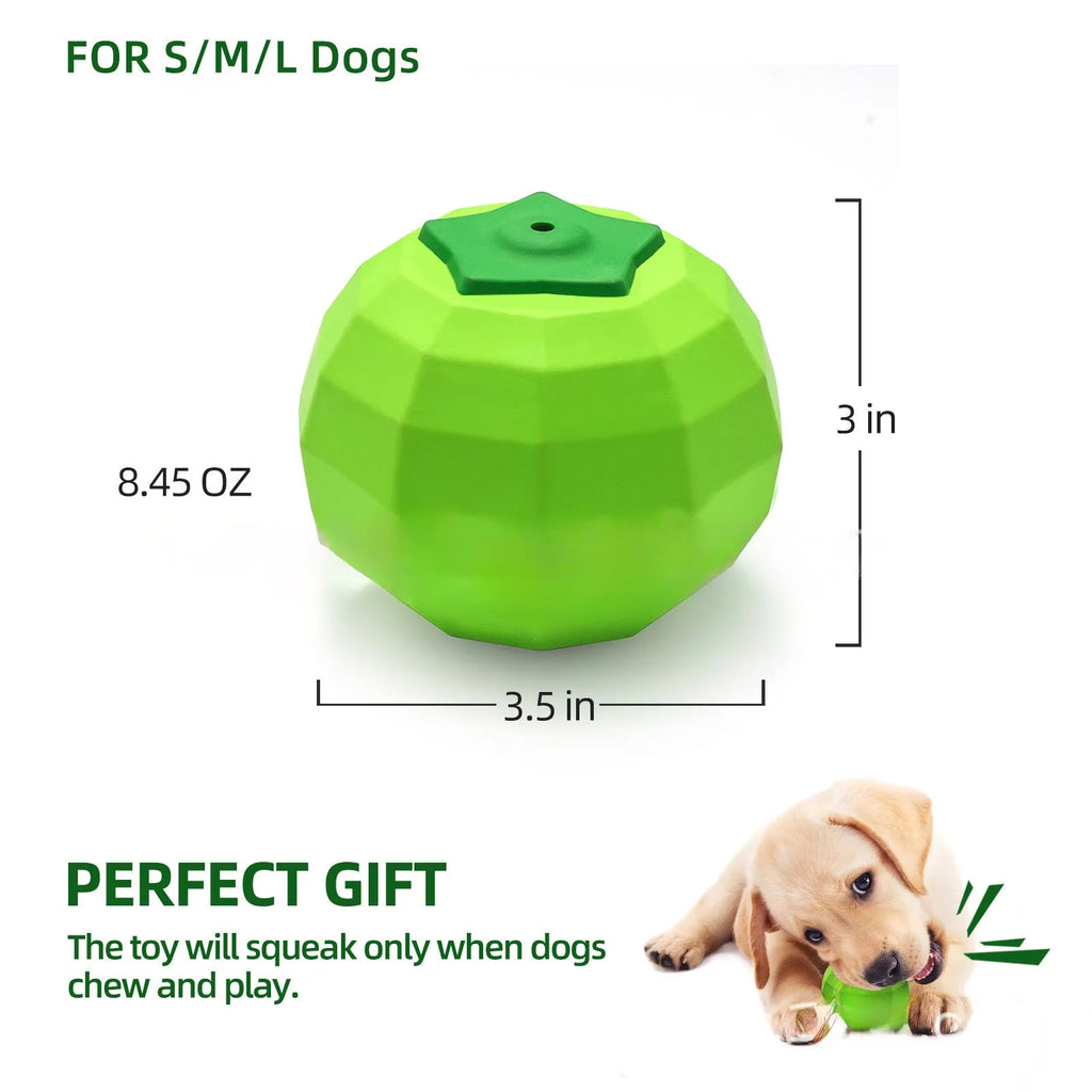 Green natural rubber dog chew toy with squeaker for large breed aggressive chewers.