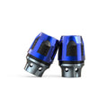 Pair of aluminium alloy fork cups for motorcycles with anodised blue finish.