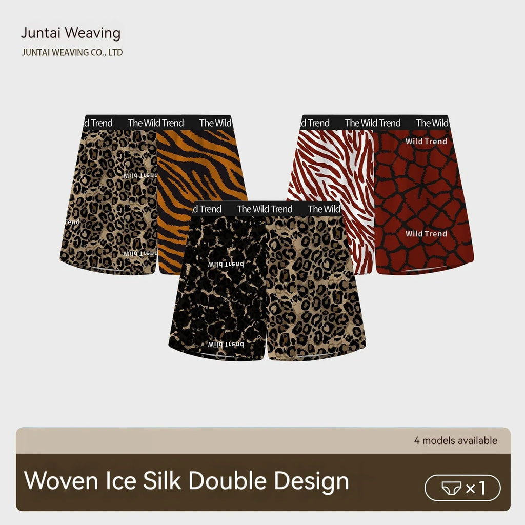 Men's leopard print woven shorts in ice silk polyester fabric with mid waist design