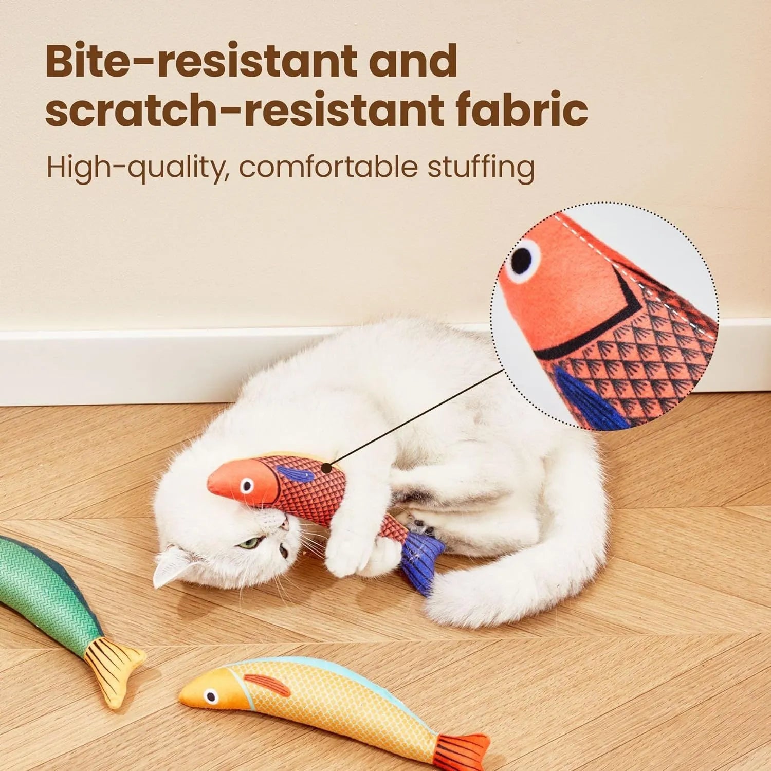 Soft plush fish-shaped cat toy with organic catnip stuffing in green, orange or yellow colours