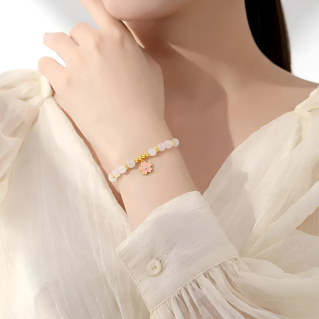 Women's silver bracelet with cherry blossom pendant and Hetian jade beads