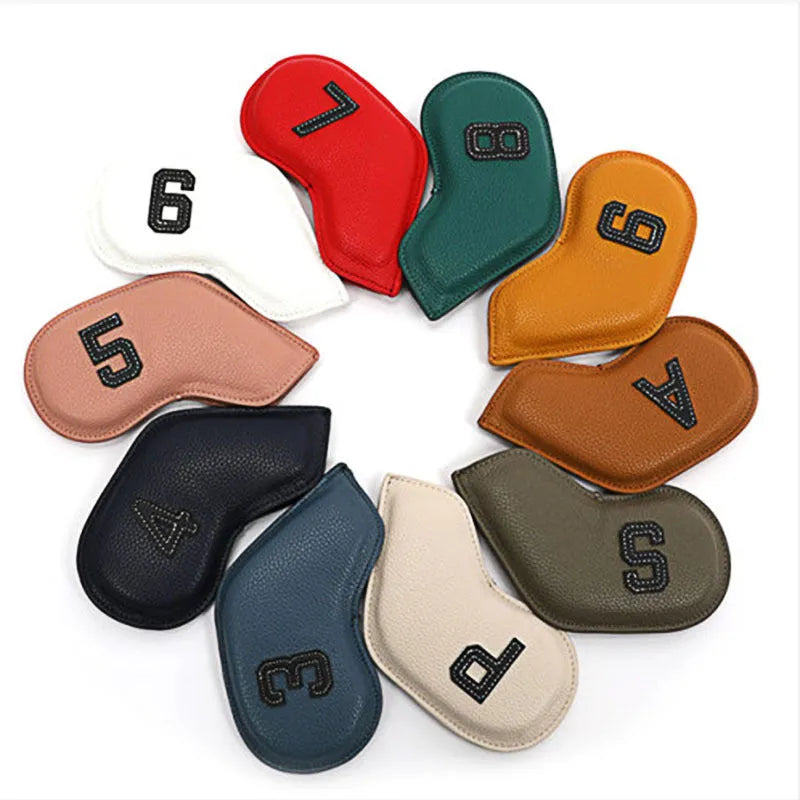 Set of 10 minimally digital printed PU golf club headcovers with a sporty outdoor storage bag.