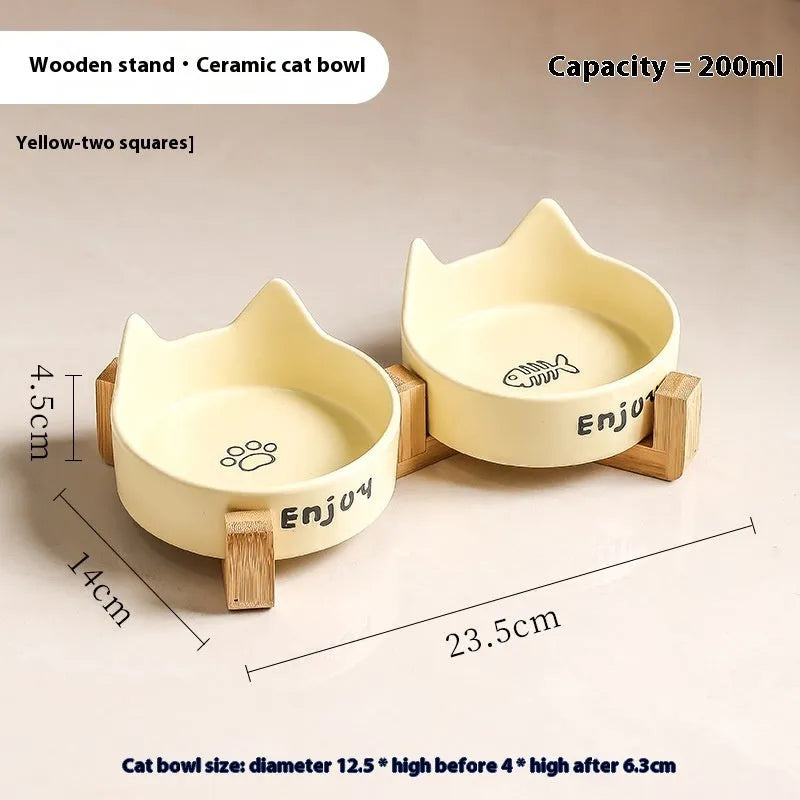 Porcelain cat bowls with wooden frame in cat ear paw design