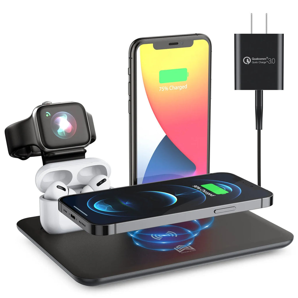 Black and white wireless desktop charging station for phones, headphones, and smartwatches with USB cable