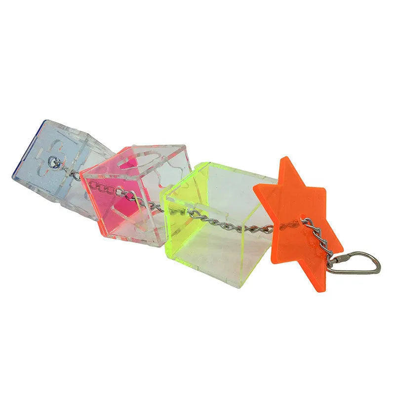 Clear acrylic bird foraging toy, tall rectangular shape for holding nuts and fruit.