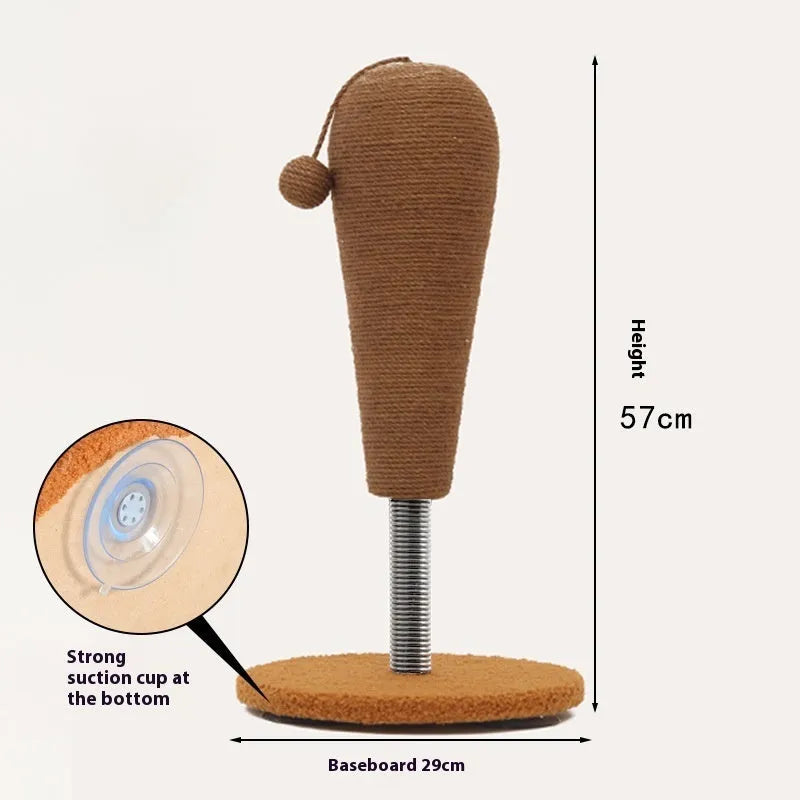 Large and small size hemp rope cat scratcher board with attached cat grasping ball toy.