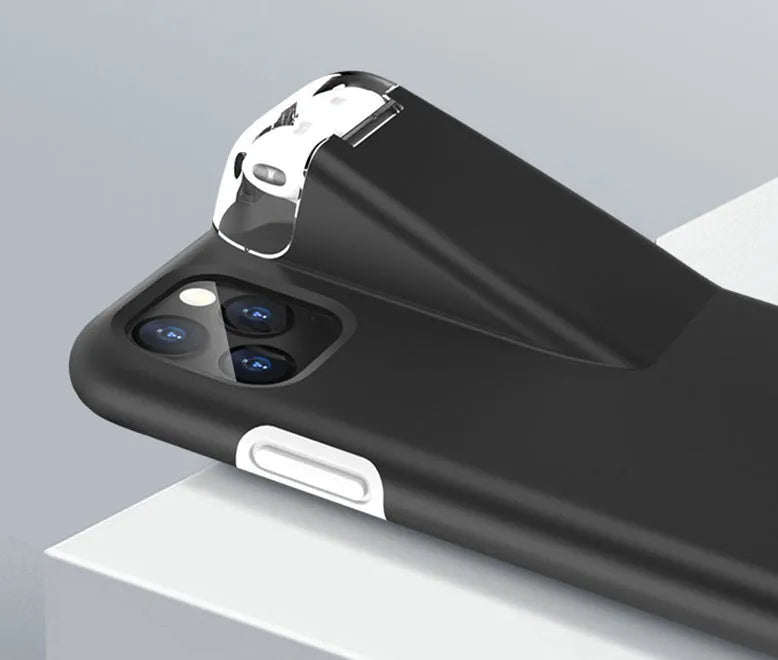 Black edge compatible charging case cover for AirPods and iPhone showing two-in-one design