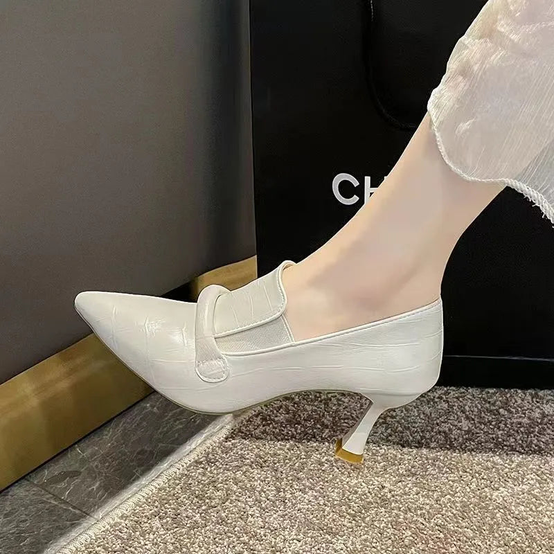 Women's PU leather stiletto heel high heel shoes, pointed toe with hollow cut-out and tassel, available in beige white, black, brown