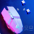 Black rechargeable wireless gaming mouse with six buttons and ergonomic shape on a desk