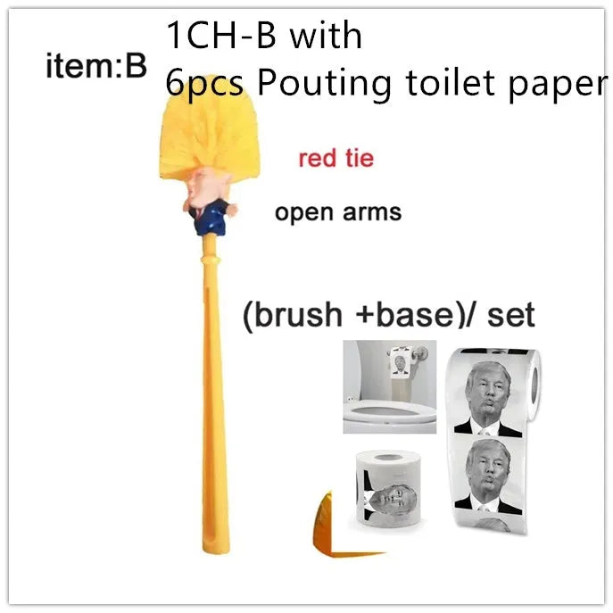 Yellow plastic Donald Trump novelty toilet brush with hanging handle, 40cm long