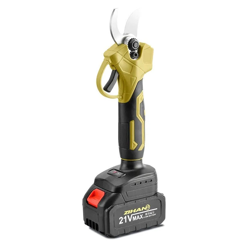 Cordless electric pruning shears with plastic storage box containing two lithium batteries and charger