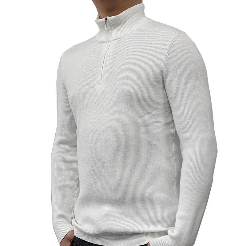 Man wearing a grey half-turtleneck zipper sweater, long sleeves, casual style.
