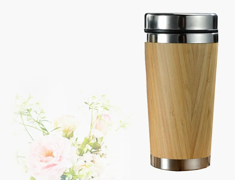 Bamboo coffee cup with stainless steel double wall insulation, 420ml capacity, leak-proof lid and foam pad
