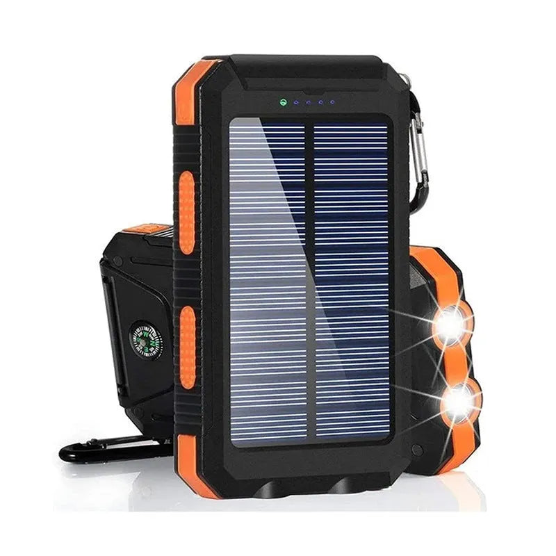 Black solar power bank with 20000mAh capacity showing LED flashlight, compass, and solar panel on casing
