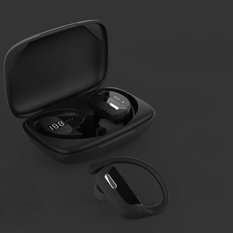 Black wireless Bluetooth headset with over-ear design and a small LED digital display on the side.