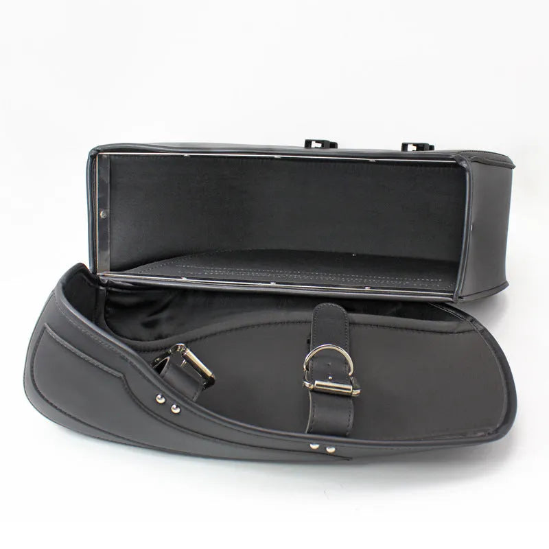 Retro style black PU leather motorcycle side box mounted on a bike.