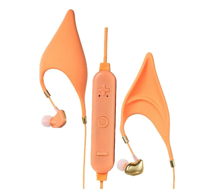 Cartoon elf ear headphones with 3.5mm plug and microphone in black, white and yellow colours