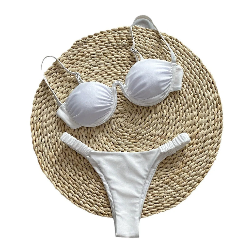 Women's underwire bikini swimsuit set in black, white, or khaki colours