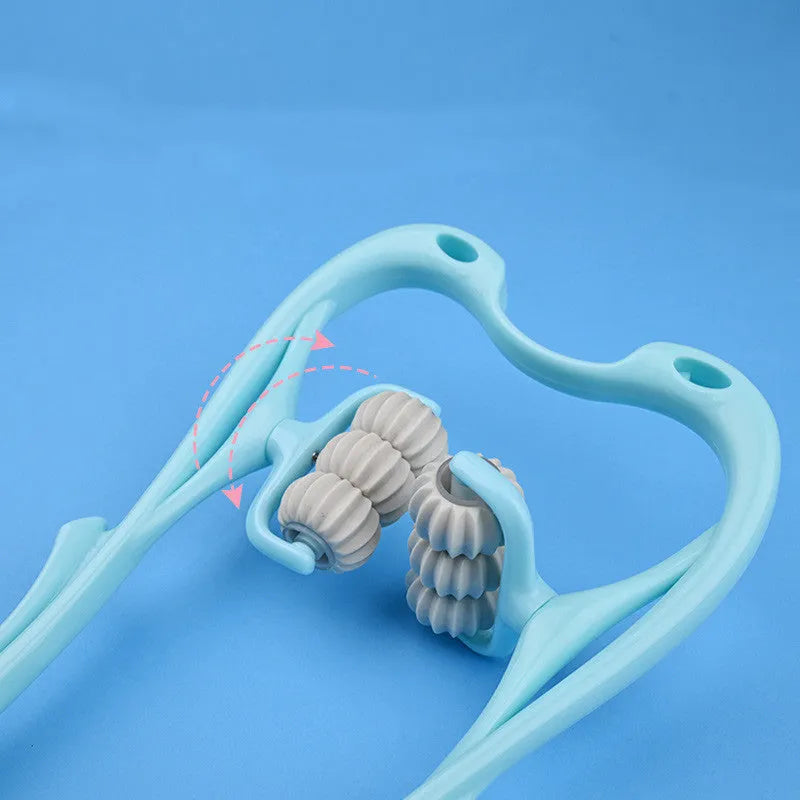 Blue manual swan-shaped neck massager with six rolling wheels and a natural crystal jade scraping board on a white background.