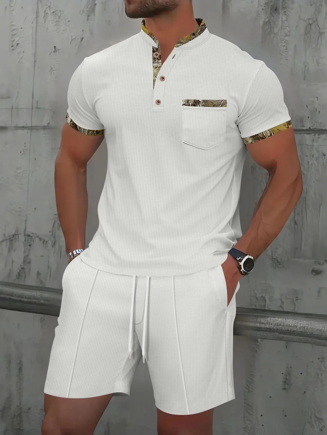 Men's grey waffle texture zip-front polo collar short sleeve suit with matching shorts