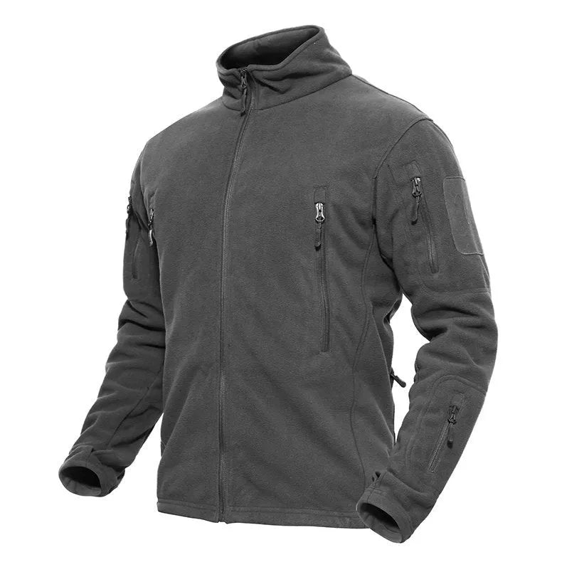 Men's thick military army fleece jacket, windproof thermal, cashmere lining, solid colour, zip front, turn-down collar