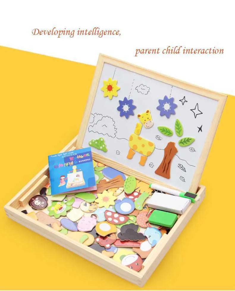 Wooden magnetic puzzle board with animal figures and drawing surface for children